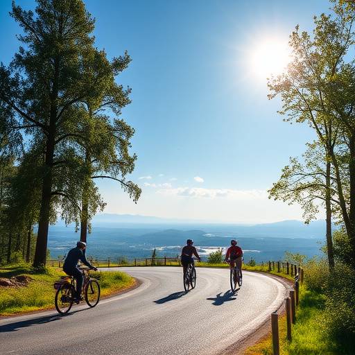 A group of cyclists riding along a scenic road, enjoying the outdoors.