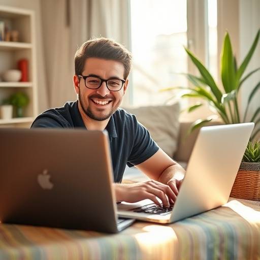 A person working from home on a laptop, smiling, representing the flexibility and freedom of remote work