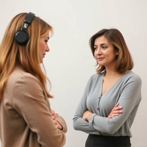 A woman calmly and assertively setting a boundary with a friend, representing healthy communication.