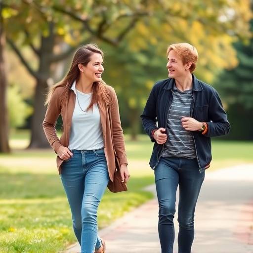 Two friends briskly walking in a park, engaged in conversation.